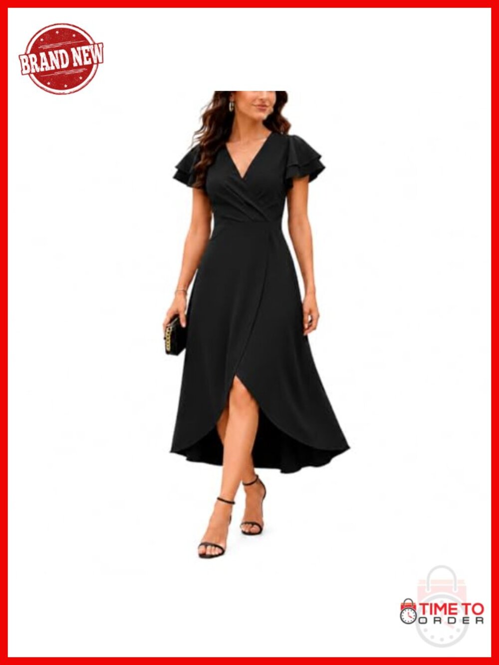 Women's Formal Wrap Midi Dress V-Neck Ruffle Sleeve High Low Party